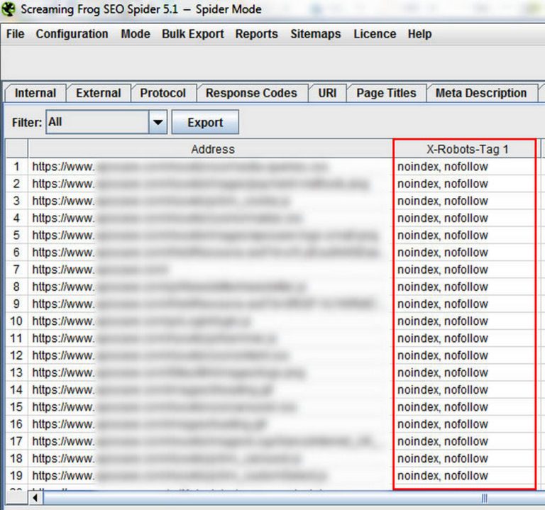 Проверка x-robots-tag в Screaming frog
