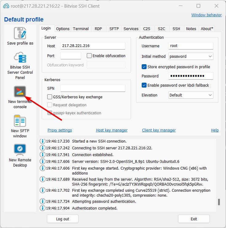 Подключаемся к серверу через bitvise