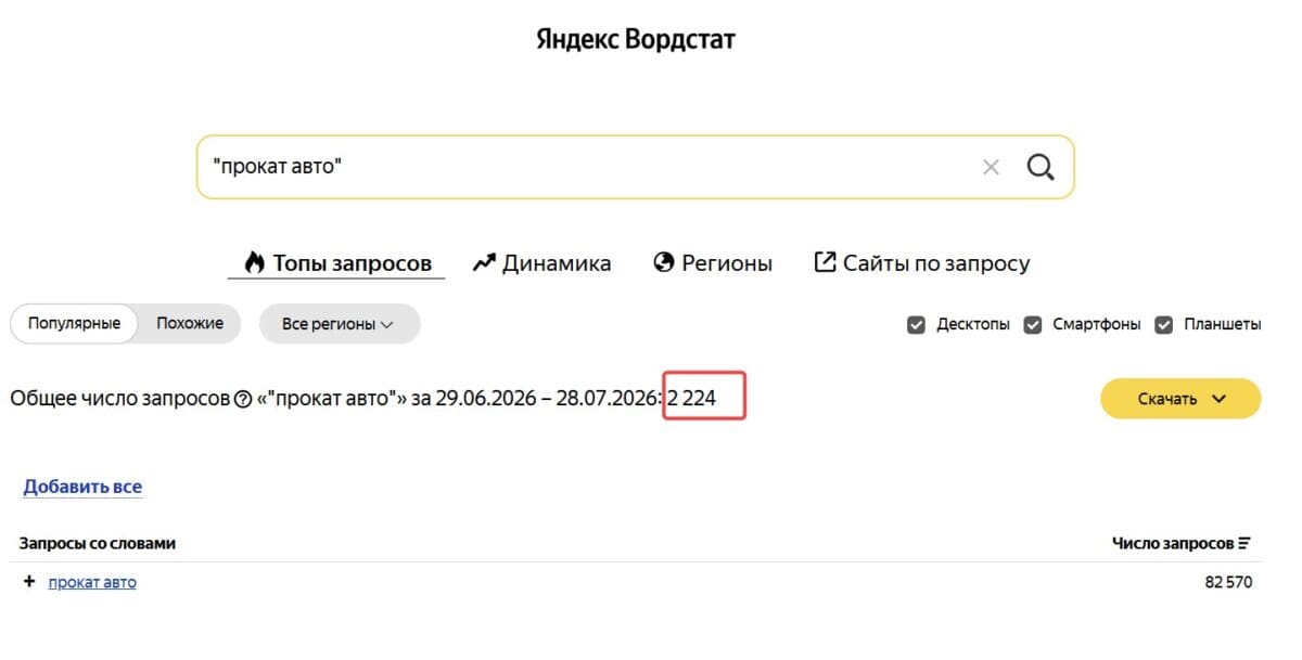 Проверка в Яндекс Wordstat запроса "прокат авто"